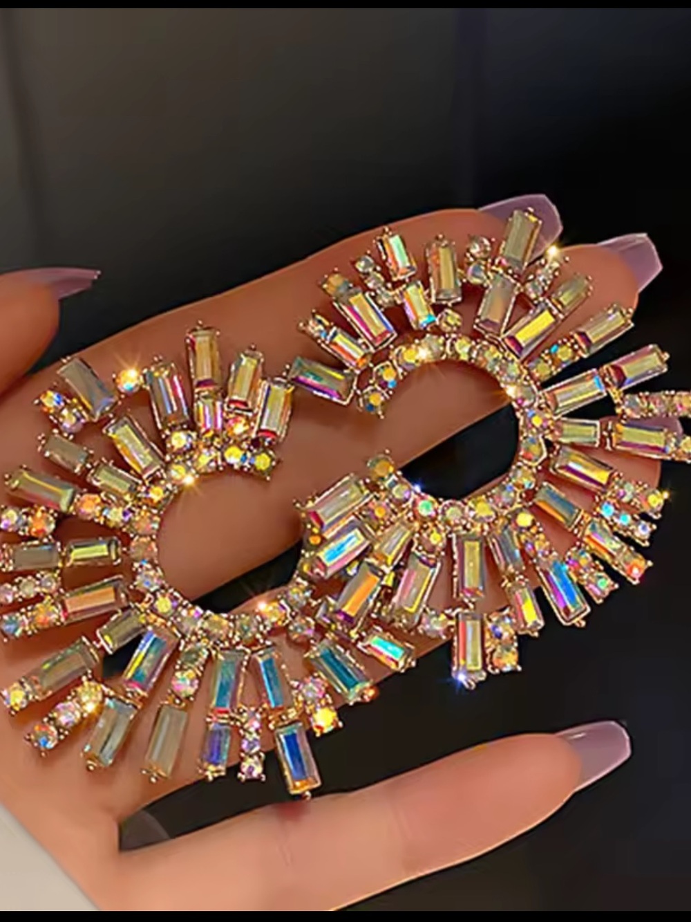 Gold Iridescent Sunburst Crystal Drop Earrings